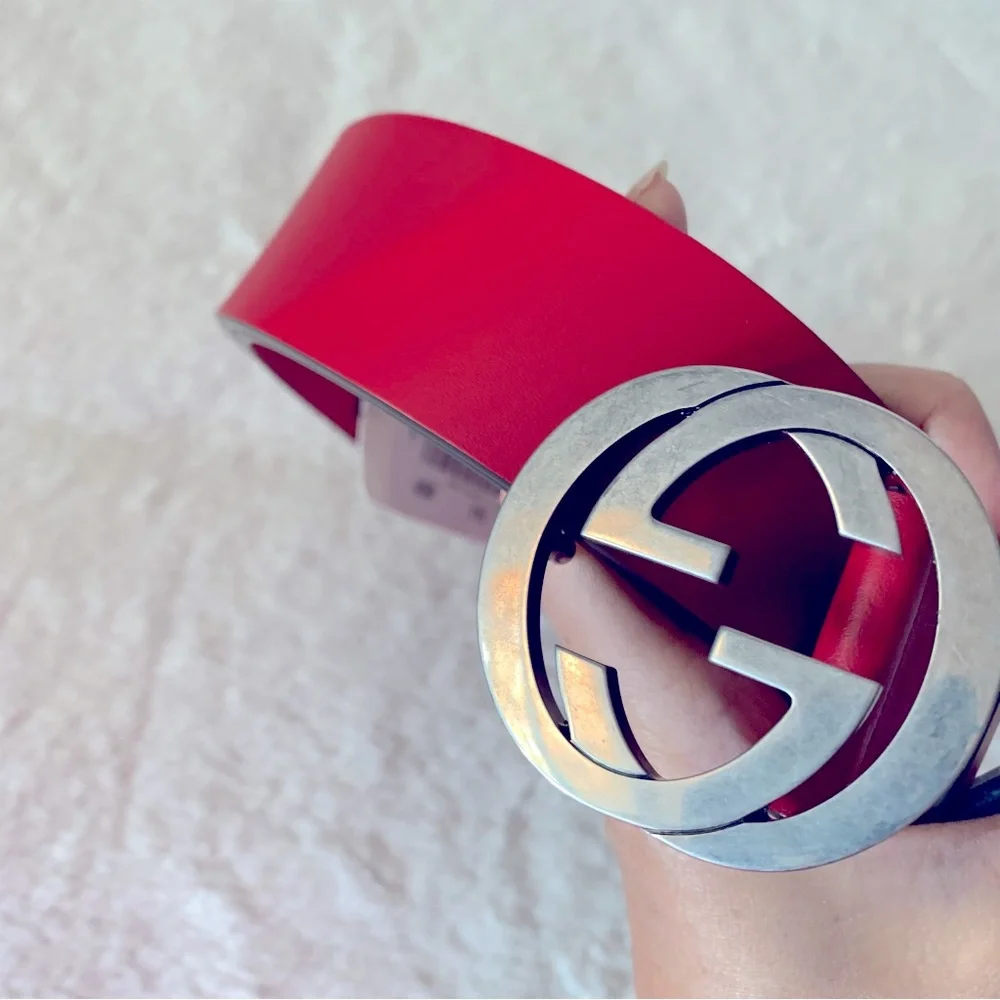 BrandNew Authentic Gucci Antique Silver GG buckle Leather Belt Red 85 - Picture 2 of 6